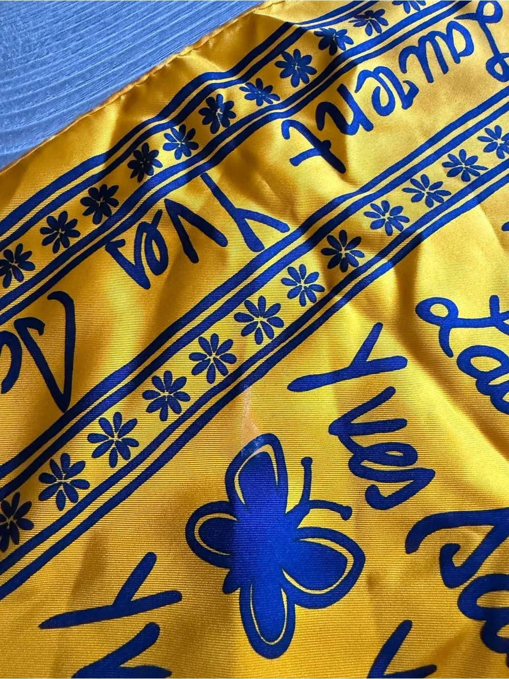 Vintage Yves Saint Laurent Silk Scarf Yellow and Cobalt sailboat heart butterfly